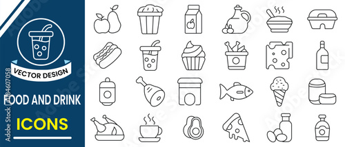 Food and Drinks icons, vector set. Fast food editable line art icons. Vector illustration in thin line style in burger, pizza, sandwich pop corn, French fries, desserts, and more. Vector illustration.