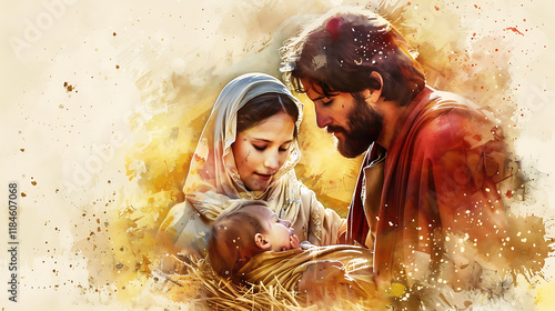 Jesus Christ in the manger, with Mary and Joseph, painted in warm earthy tones and delicate watercolor brushstrokes photo