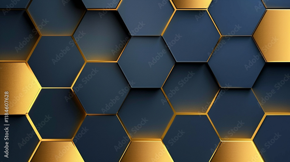 An abstract geometric design with overlapping hexagons in metallic gold and deep navy blue, creating a sleek and futuristic background An abstract geometric design with overlapping hexagons in metallic gold and deep navy blue, creating a sleek and futuristic background