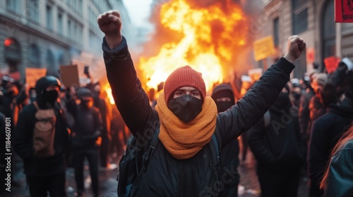 Fototapeta Naklejka Na Ścianę i Meble -  Protest scene with passionate demonstrators gathered in city streets. Flames and smoke create dramatic background. Signs and banners raise voices for change. Energy of activism and social movement.