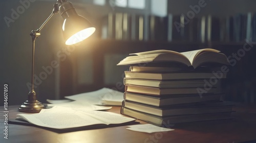 Cozy Study Corner with Textbooks and a Desk Lamp