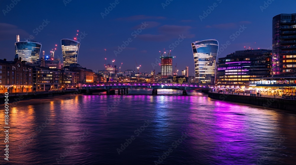 Night cityscape with river reflection, modern architecture, city lights, and bridge. Night cityscape with river reflection, modern architecture, city lights, and bridge.