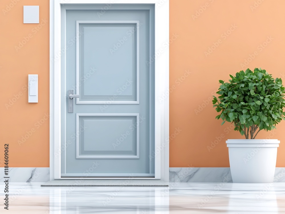 Fototapeta premium Stylish Light Grey Front Door 3D Render: Calm Minimalist Exterior Design. AI Generated