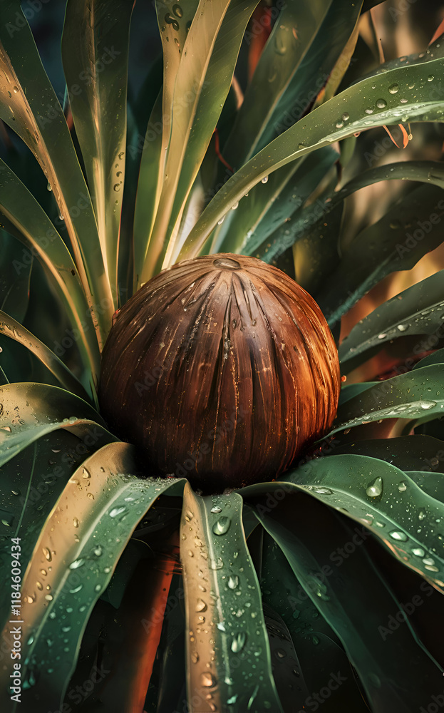 ripe coconut nestled on green leaves in garden. close up. Conceptual digital artwork. Ai generated.