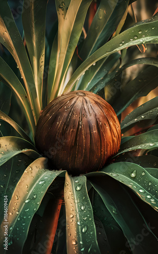 Obraz na płótnie ripe coconut nestled on green leaves in garden. close up. Conceptual digital artwork. Ai generated. w salonie