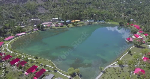 Aerial view of beautiful Lower Kachura Lake with serene reflections and vibrant greenery, Skardu, Pakistan. photo