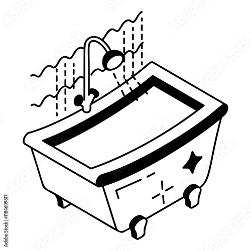 Clean a Jetted Tub and bathroom isometric vector design, Housekeeping symbol, Public health Custodial sign, Waste management illustration, Hot tub and Jacuzzi cleaning and disinfection outline concept