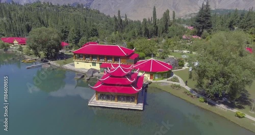 Aerial view of serene Lower Kachura Lake reflecting majestic mountains and Shangrila Resort, Skardu, Pakistan. photo