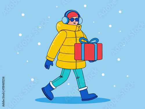 Winter Shopper in Bright Yellow Puffer Coat and Blue Jeans – Stylish Cold-Weather Fashion