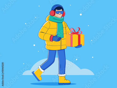 Winter Shopper in Bright Yellow Puffer Coat and Blue Jeans – Stylish Cold-Weather Fashion