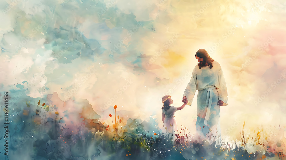 A peaceful image of Jesus Christ holding a child’s hand, a watercolor sunrise in the background with soft pastel colors A peaceful image of Jesus Christ holding a child’s hand, a watercolor sunrise in the background with soft pastel colors