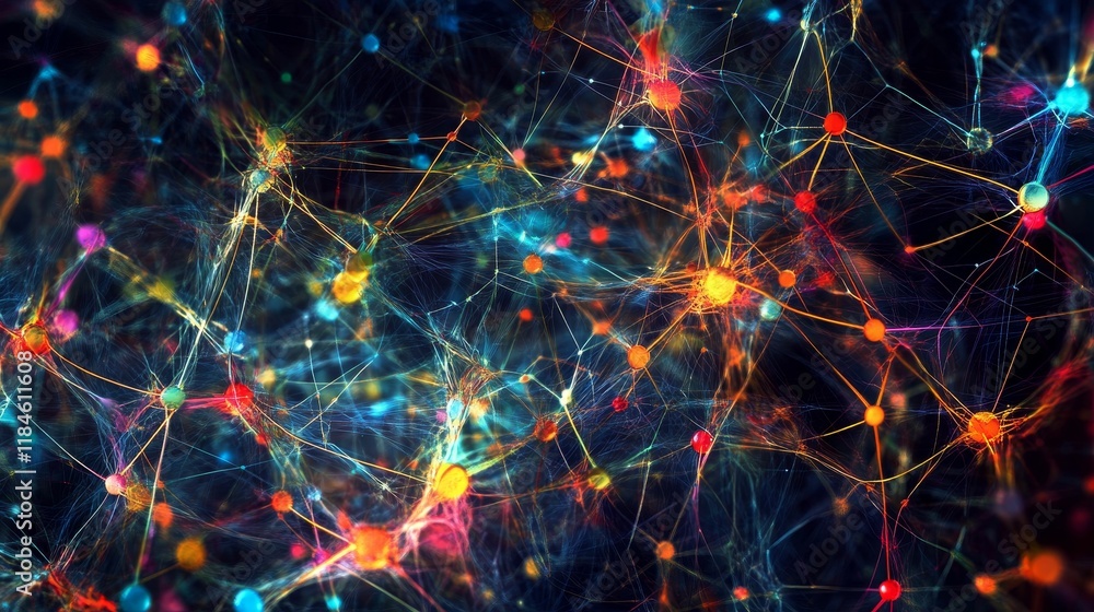 Vibrant network; glowing nodes, interconnected filaments. Vibrant network; glowing nodes, interconnected filaments.