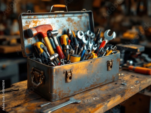 Rusty toolbox filled with assorted tools on a wooden workbench in a workshop