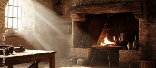 Sunbeams illuminate a rustic stone room with a fireplace and workbench.