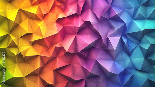 A fragmented abstract image of overlapping triangles in vibrant gradients, creating a sense of depth and movement with bold geometric forms 