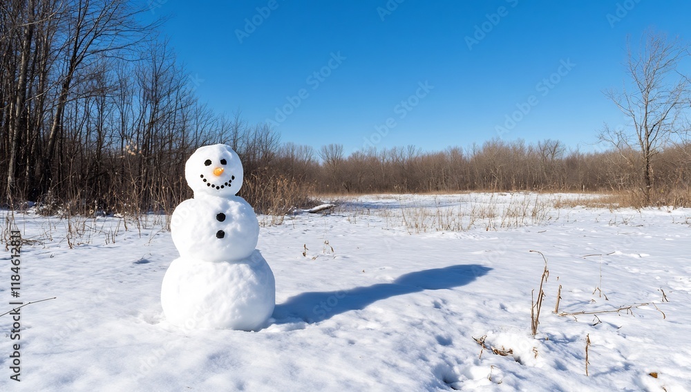 Obraz premium Cheerful Snowman in a Winter Field Under a Clear Blue Sky
