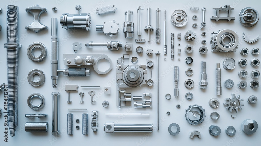 Flat lay of various metallic industrial parts and components on white background. Flat lay of various metallic industrial parts and components on white background.