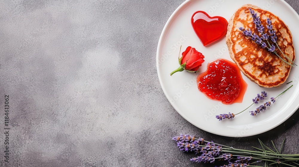 Valentine breakfast featuring herbal pancakes topped with rose jam and a small bouquet of lavender Valentine breakfast featuring herbal pancakes topped with rose jam and a small bouquet of lavender