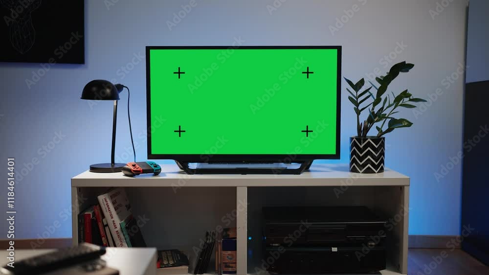 Slowly pulling away from an LCD screen in a modern living room, featuring a video game controller and a steaming cup of tea, all set against the backdrop of a nighttime ambiance
