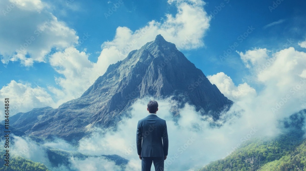 Fototapeta premium Standing at the foot of a towering mountain, he symbolizes overcoming obstacles.