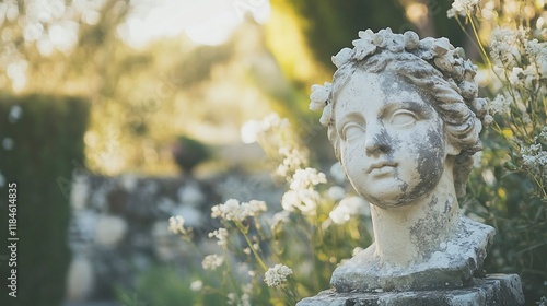 Weathered stone bust of a young woman with floral headdress in a garden.