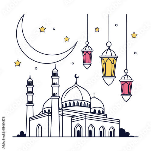 happy ramadan day with hanging lantern and low opacity mosque vector illustration