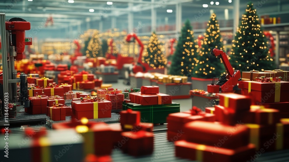 Obraz premium A bustling warehouse during the Christmas season showcases automated systems at work.