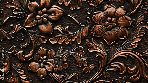 Seamless tooled embossed leather texture repeat with flower and leaf elements. created with Generative AI technology