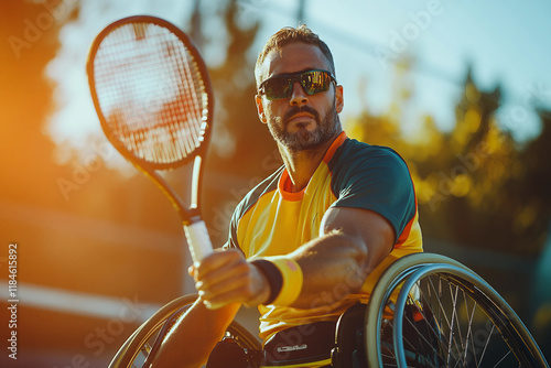 Disabled athlete participating in wheelchair sports in a stadium made with generative AI photo