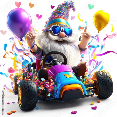 A whimsical gnome in sunglasses drives a colorful go-kart, surrounded by balloons and confetti, celebrating with joyful vibes.