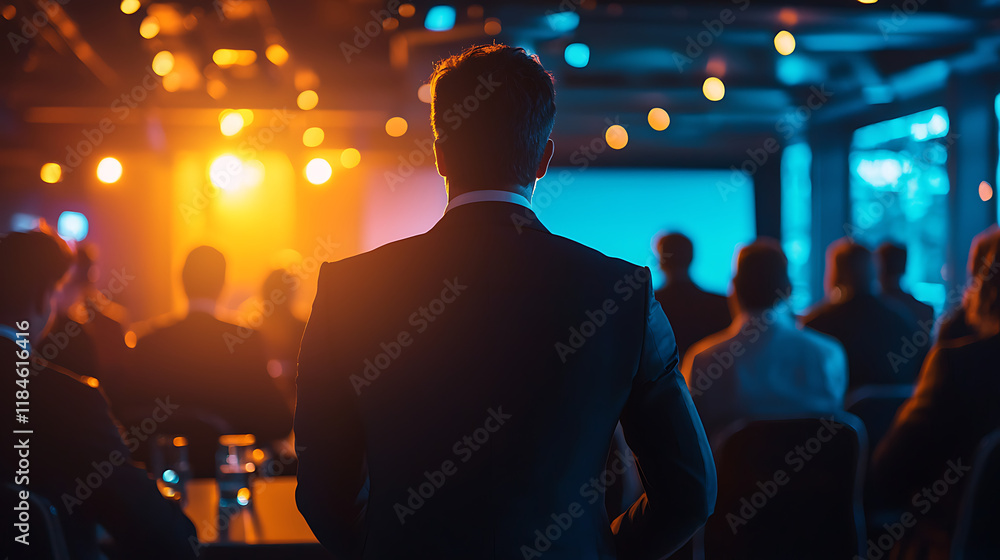 A man stands in front of a crowd of people, wearing a suit and tie A man stands in front of a crowd of people, wearing a suit and tie