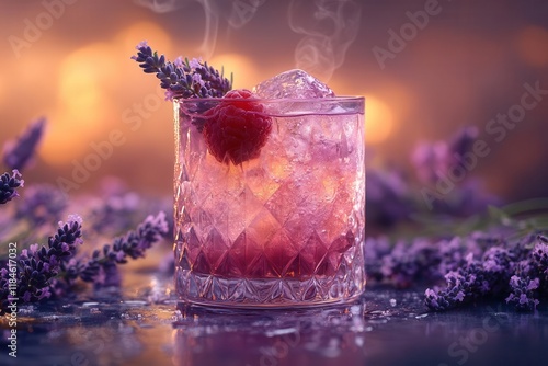 ethereal purplehued lavender gin cocktail with fresh botanical garnishes crystalline ice cubes and misty vapor effect in luxury glass setting photo