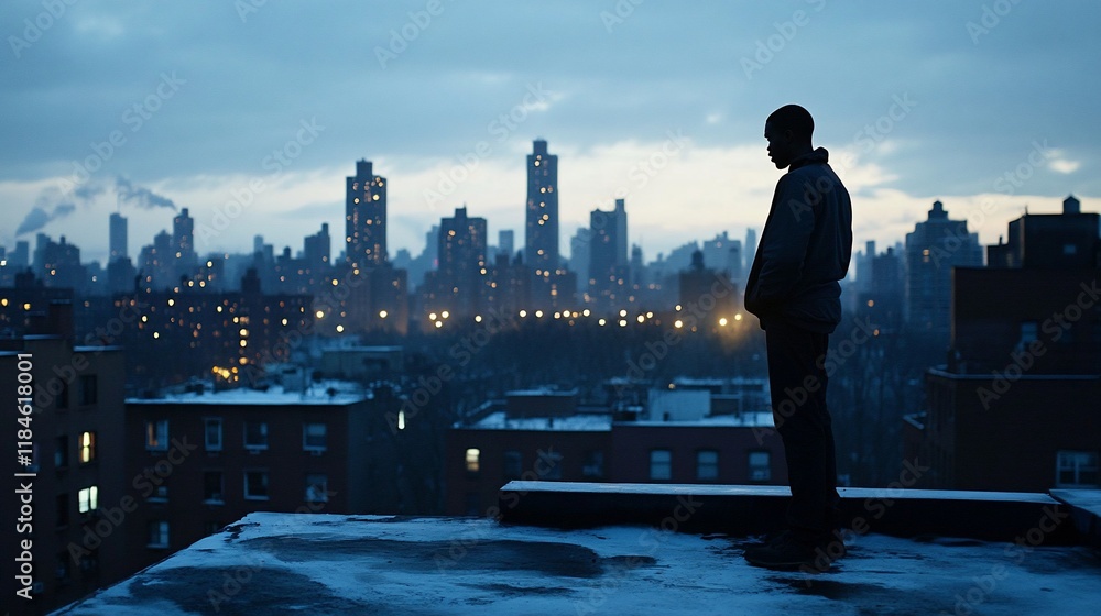 Silhouetted man on snowy rooftop overlooking city at dawn. Silhouetted man on snowy rooftop overlooking city at dawn.
