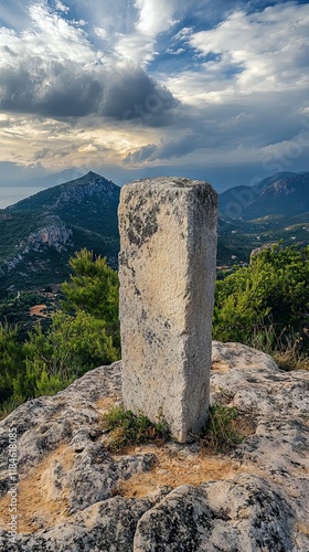 Stone pillar standing on Hymettus mountain, Greece, Ancient, Stone, Pillar, Monument, Nature, Landscape, Mountain --ar 9:16 --style raw --v 6.1 Job ID: f9eb8b30-412a-49db-8535-c267ec610740 photo