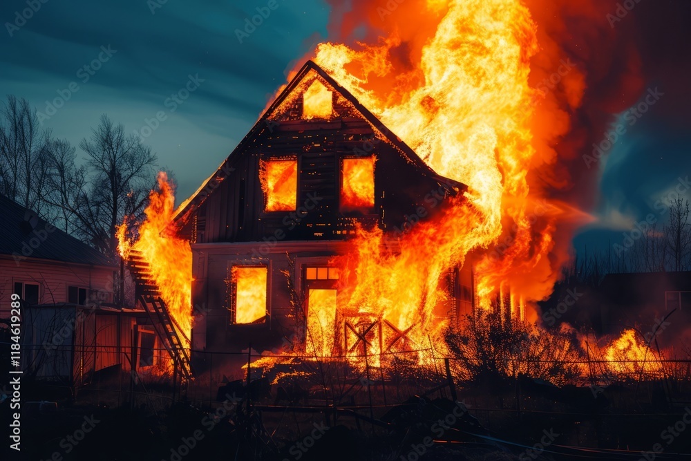 Burning house with intense flames and smoke during a fire disaster. The building on fire. Burning house with intense flames and smoke during a fire disaster. The building on fire.