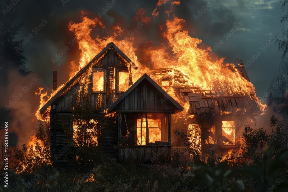 Burning house with intense flames and smoke during a fire disaster. The building on fire. Burning house with intense flames and smoke during a fire disaster. The building on fire.