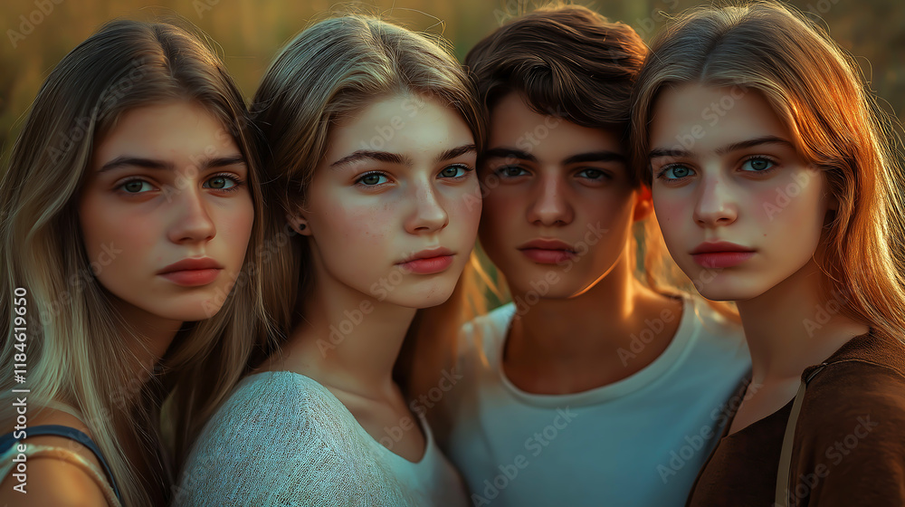 Obraz premium Portrait group of young friends, women and men, Multiracial friends group of young friends bonding outdoors