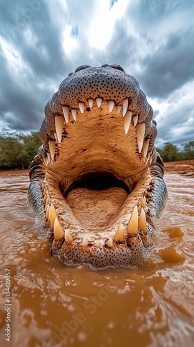 Close-up of a Crocodile's Fangs in the Water photo