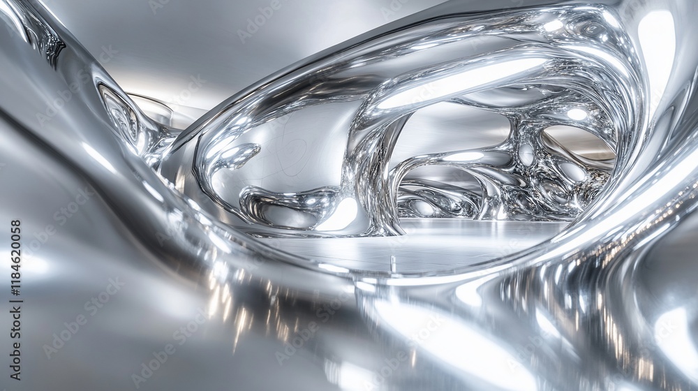 Abstract silver metallic fluid forms creating a futuristic, dynamic interior space. Abstract silver metallic fluid forms creating a futuristic, dynamic interior space.