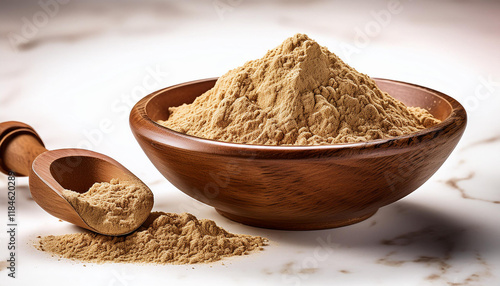 nutritional supplement maca root powder in a bowl and scoop with reproduction area