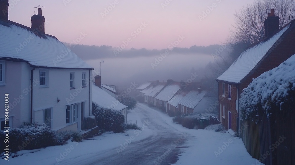 Snowy village street at dawn, mist over hills. Snowy village street at dawn, mist over hills.