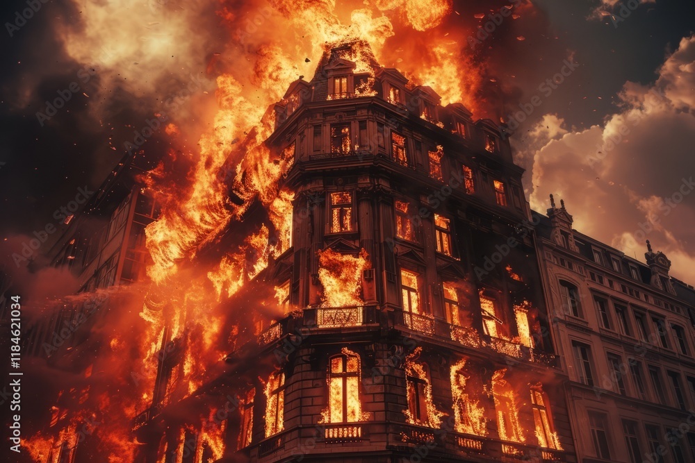 Naklejka premium High-rise residential building engulfed in flames with intense fire and smoke during nighttime. The building on fire.