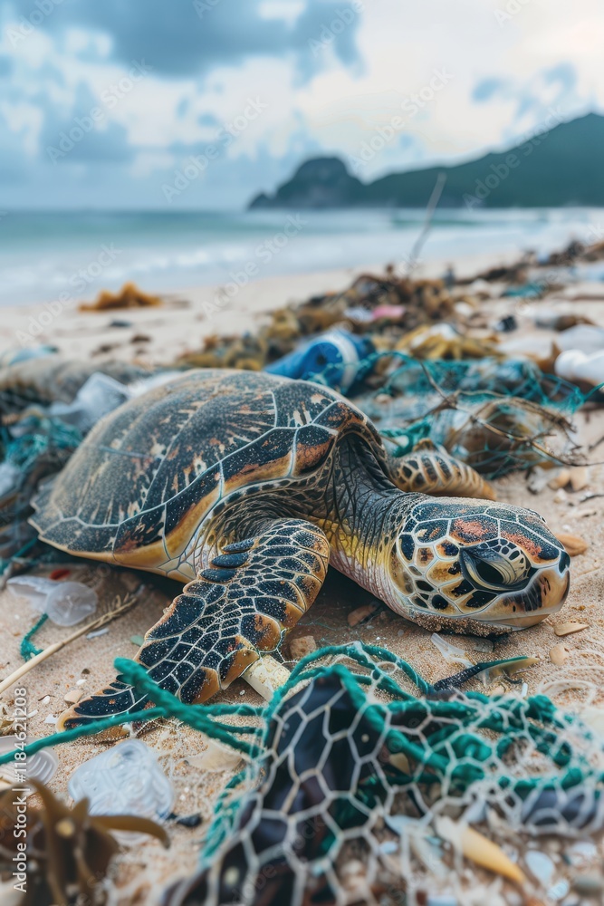 Obraz premium Heartbreaking Image of a Sea Turtle Entangled in Ocean Waste on a Littered Beach