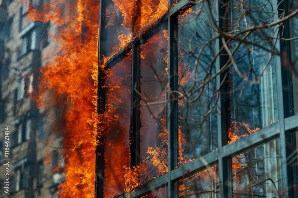 Glass building engulfed in flames with orange fire spreading across multiple floors. The building on fire. Glass building engulfed in flames with orange fire spreading across multiple floors. The building on fire.