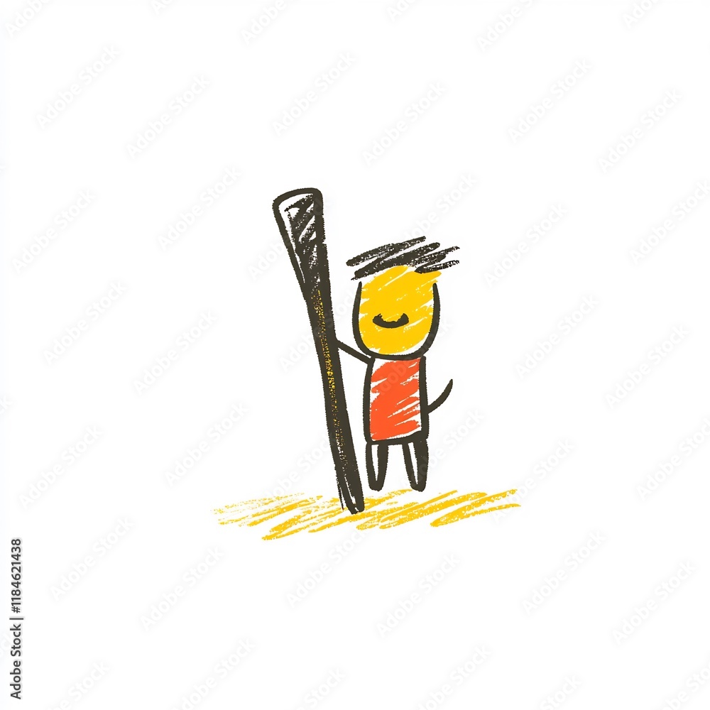 Fototapeta premium Joyful Hand-Drawn Illustration: Smiling Figure Gently Holding Tall Staff on Sandy Beach. AI Generated