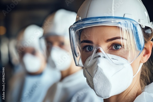 Focused female engineer, PPE, factory, team photo