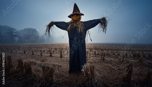 creepy scarecrow in misty field evoking horror and suspense