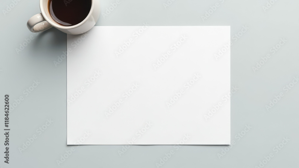 Blank paper with coffee cup on light gray table Blank paper with coffee cup on light gray table