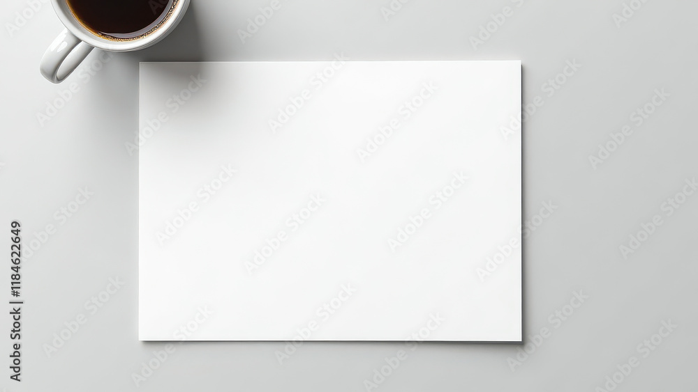Blank paper with coffee cup on light gray table Blank paper with coffee cup on light gray table
