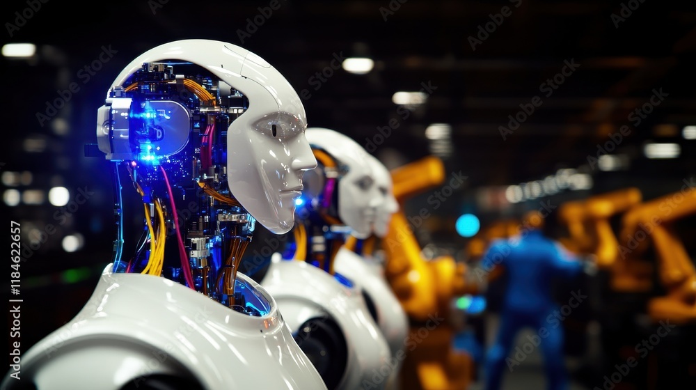 Naklejka premium Advanced robots with glowing circuits work in an industrial setting, showcasing future technology and automation.